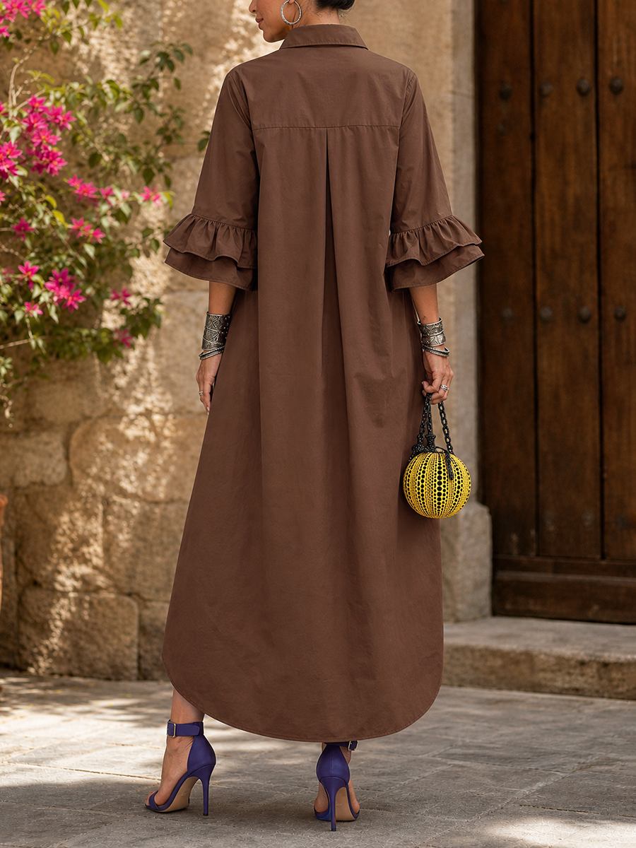 Split-side Solid Color Buttoned Three-quarter Sleeves Ruffle Sleeves Lapel Maxi Dresses