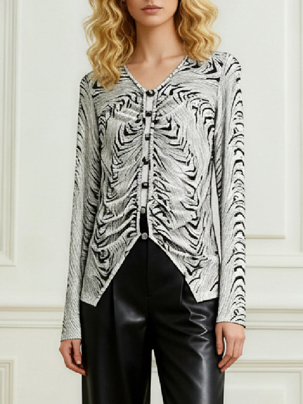 Long Sleeves Buttoned Elasticity Pleated V-Neck Blouses&Shirts Tops