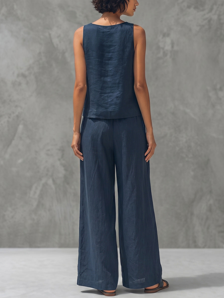 Loose Sleeveless Asymmetric Buttoned Solid Color U-Neck Tank Top
