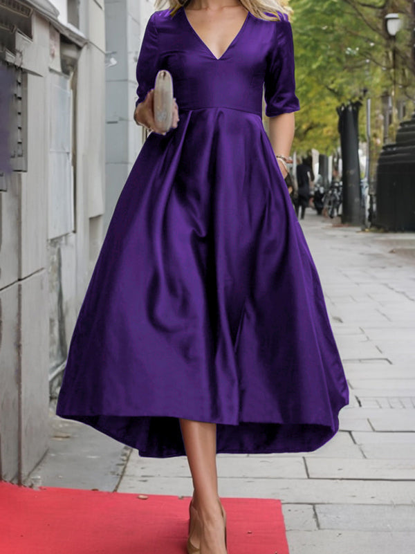 A-Line Long Sleeves Pleated Pockets Solid Color Zipper V-Neck Midi Dresses PURPLE S