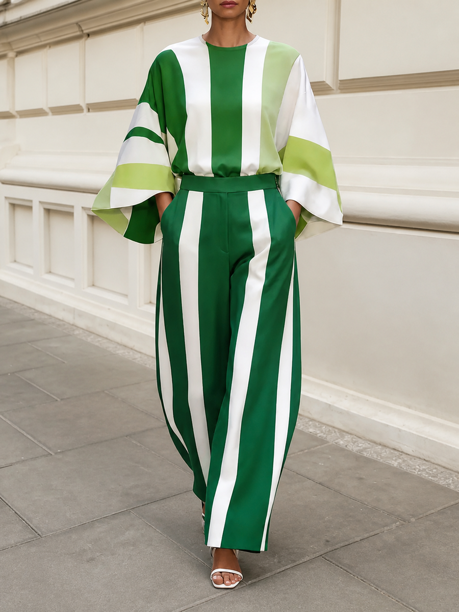 Striped Contrast Color Loose Long Sleeves Round-neck Blouses&shirts Tops
