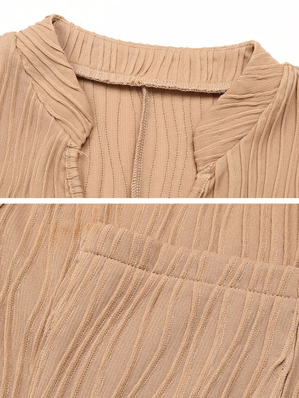 Loose Short Sleeves Pleated Solid Color Split-Joint V-Neck Mini Dresses