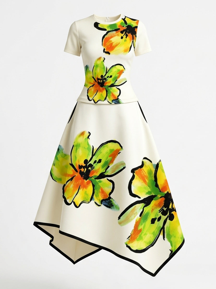 A-Line High Waisted Flower Print Pockets Skirts Bottoms