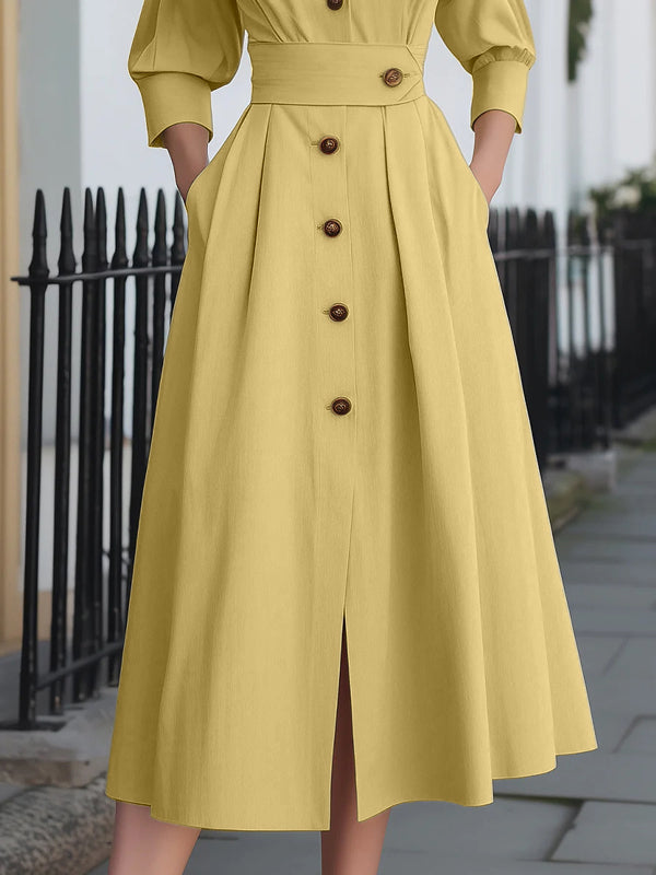 A-Line Long Sleeves Buttoned Pleated Pockets Solid Color Notched Collar Midi Dresses Shirt Dress