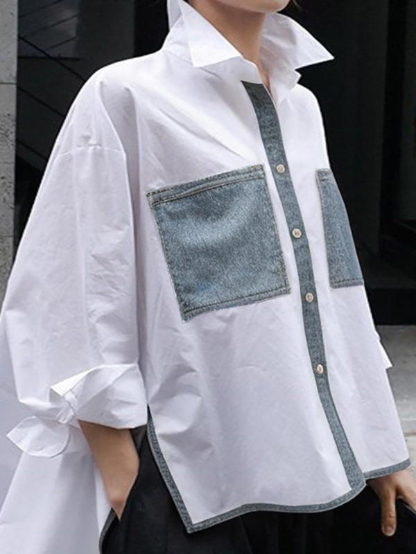 Chemisiers et chemises à col montant et fentes latérales, coupe trapèze, boutons, poches contrastées