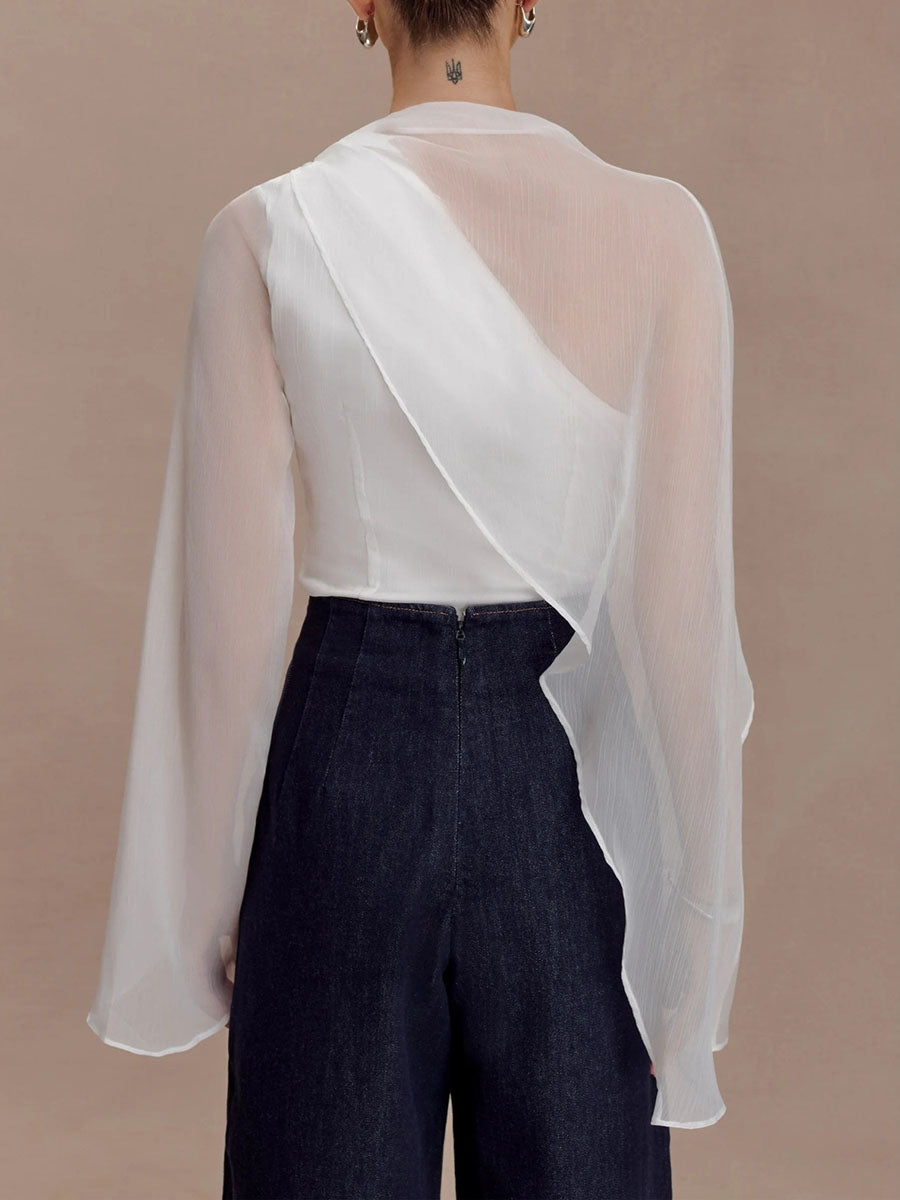 Cape Wrap Asymmetric See-Through Solid Color Split-Joint Round-Neck Blouses&Shirts Tops
