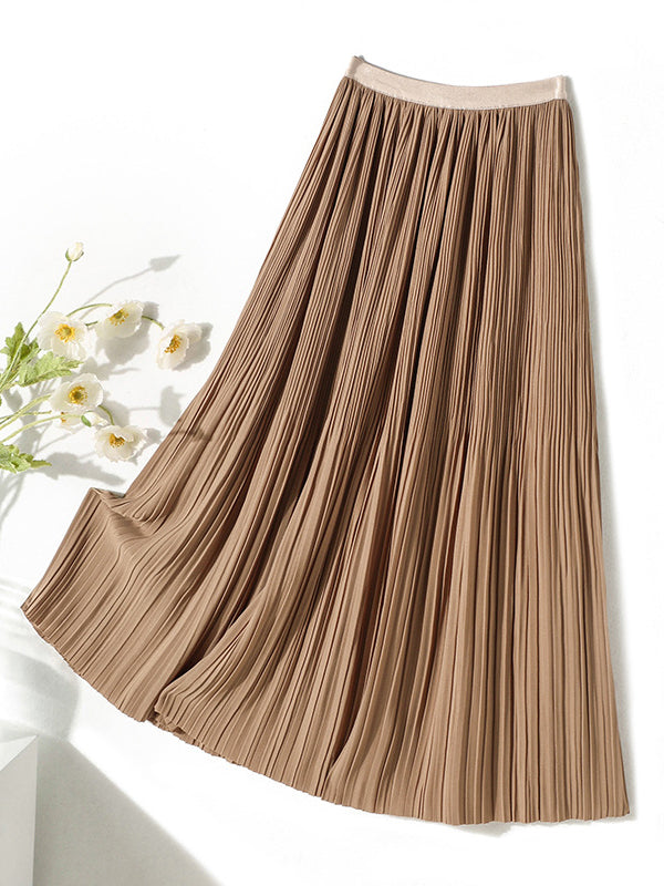 A-Line Loose Elasticity Pleated Solid Color Split-Joint Skirts