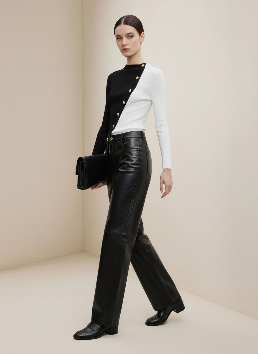 Long Sleeves Skinny Asymmetric Contrast Color Split-Joint Round-Neck Knitwear Sweater Tops