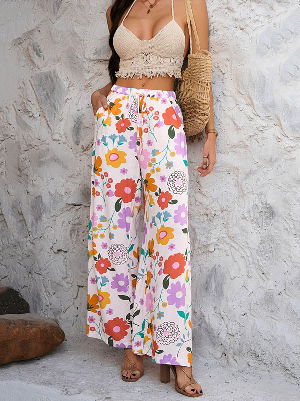 High Waisted Loose Contrast Color Drawstring Flower Print Pockets Pants Trousers
