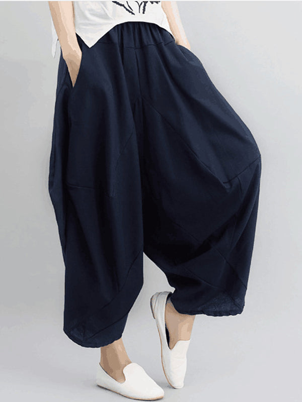 Künstlerische Retro-Haremshose aus Ramie-Baumwolle in Volltonfarbe und Elastizität