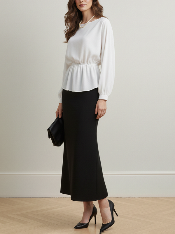 Long Sleeves Loose Elasticity Solid Color Round-Neck Blouses&Shirts Tops