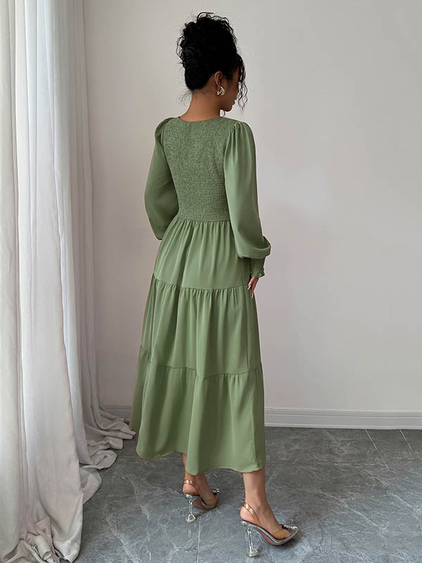 Elasticated Waist High Waisted Pleated Solid Color Split-Joint Round-Neck Midi Dresses