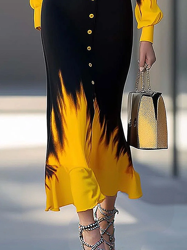 Long Sleeves Puff Sleeves Buttoned Gradient Printed Lapel Maxi Dresses Shirt Dress