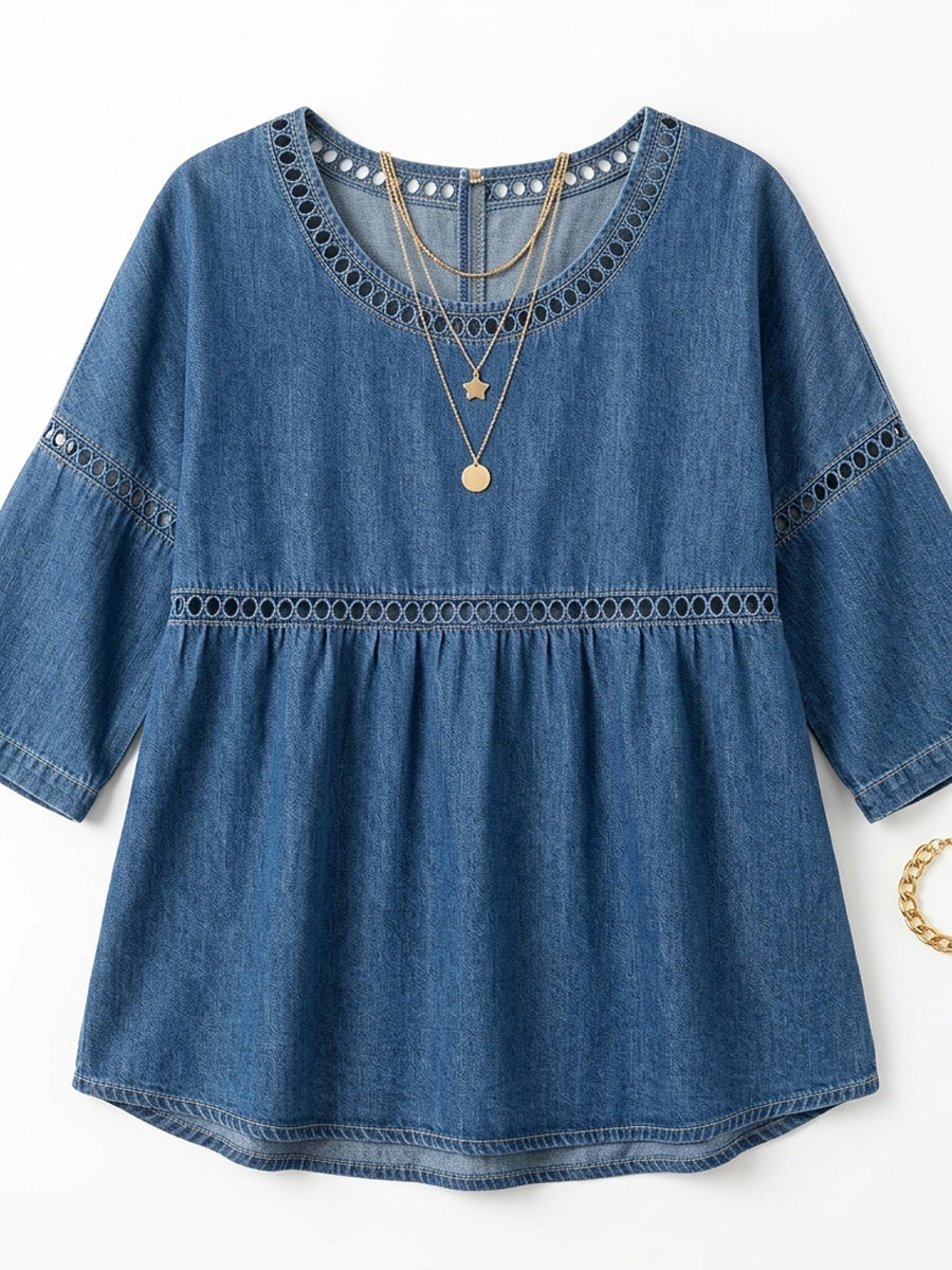 Loose Three-Quarter Sleeves Hollow Solid Color Round-Neck Blouses&Shirts Tops