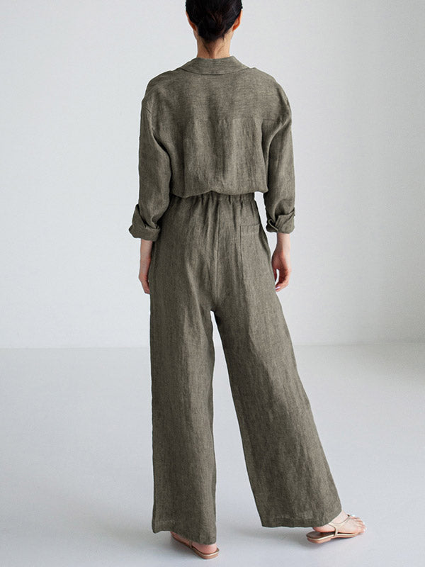 Urban Linen Drawstring Elastic Waisted Wide Leg Long Sleeves Jumpsuits