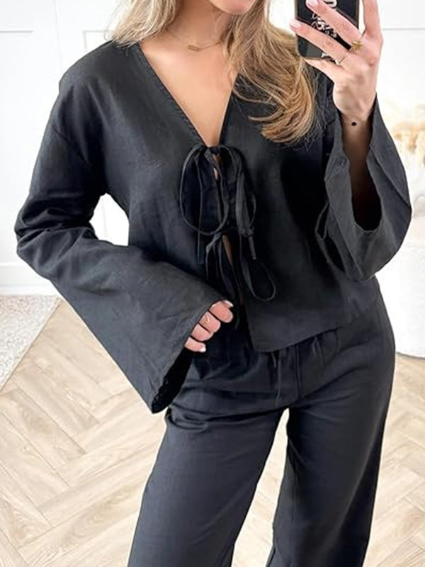 Lace-Up Solid Color V-Neck Blouses&Shirts Tops