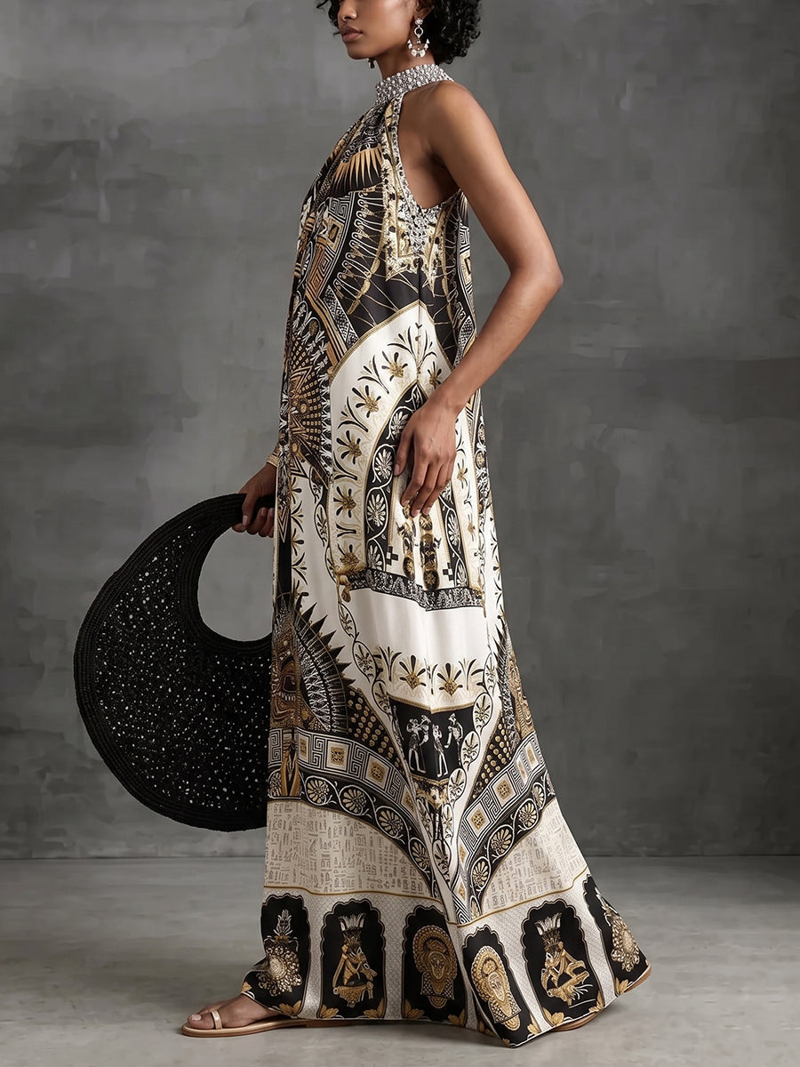 A-Line Loose Contrast Color Printed Zipper Halter-Neck Maxi Dresses