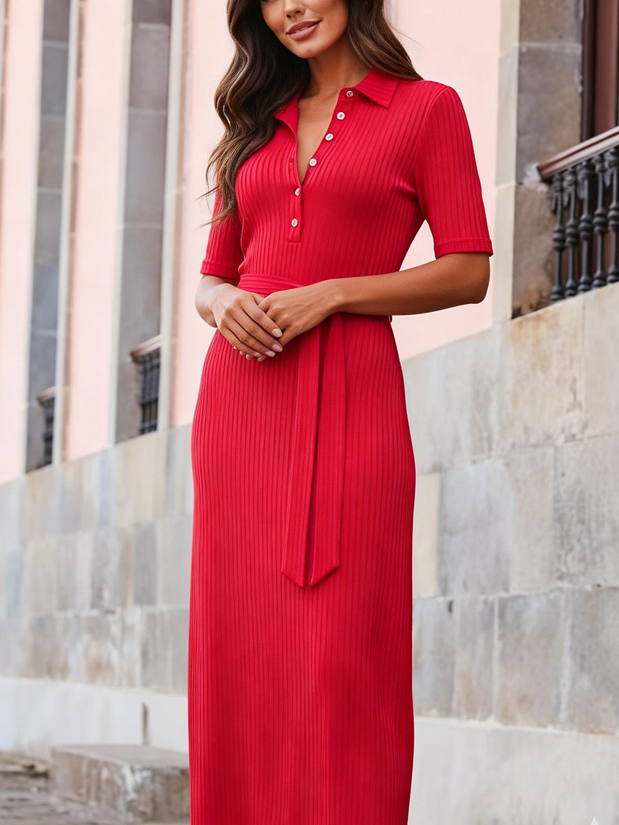 Bodycon Elasticated Waist Buttoned Ribbed Knit Solid Color Split-Joint Tied Waist Lapel Midi Dresses