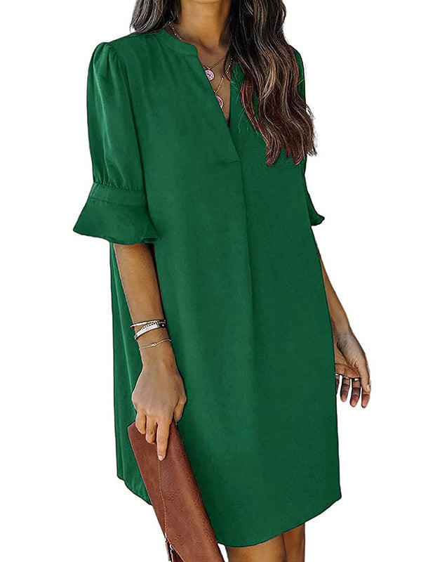 A-Line Flared Sleeves Pleated Ruffled Solid Color Split-Joint V-Neck Mini Dresses