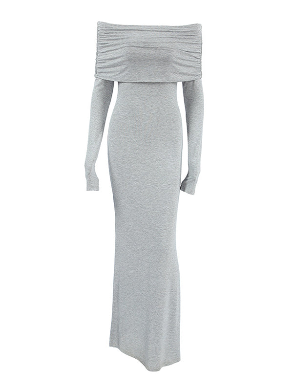 Robe de soirée longue à manches longues, plissée, moulante, couleur unie, fendue, épaules dénudées