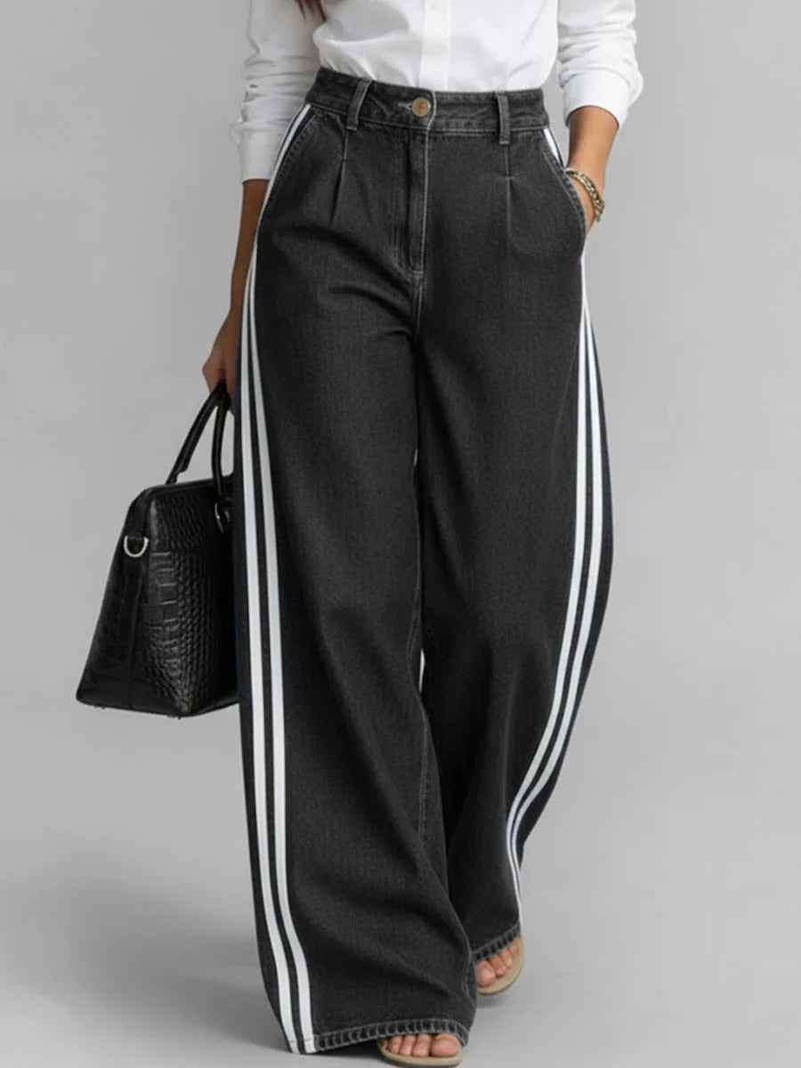 High Waisted Wide Leg Pockets Solid Color Striped Jean Pants Bottoms