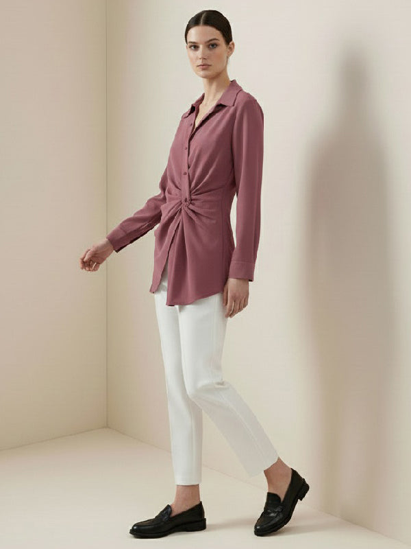 Long Sleeves Wrap Asymmetric Knot Pleated Lapel Blouses&Shirts Tops