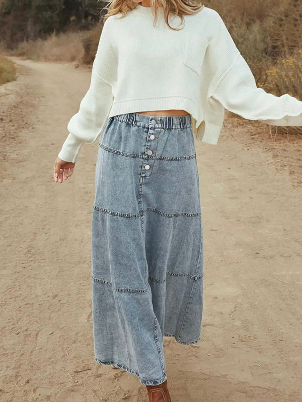 A-Line Loose Buttoned Elasticity Solid Color Skirts Bottoms