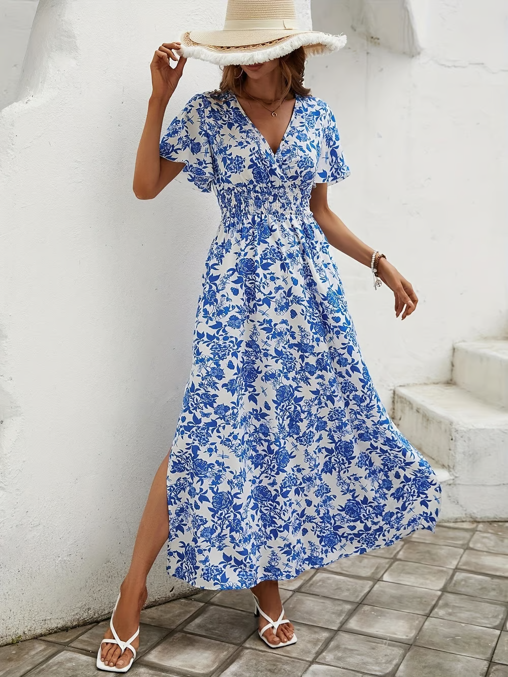 Delilah | Women's Floral V Neck Short Sleeve Maxi Dress