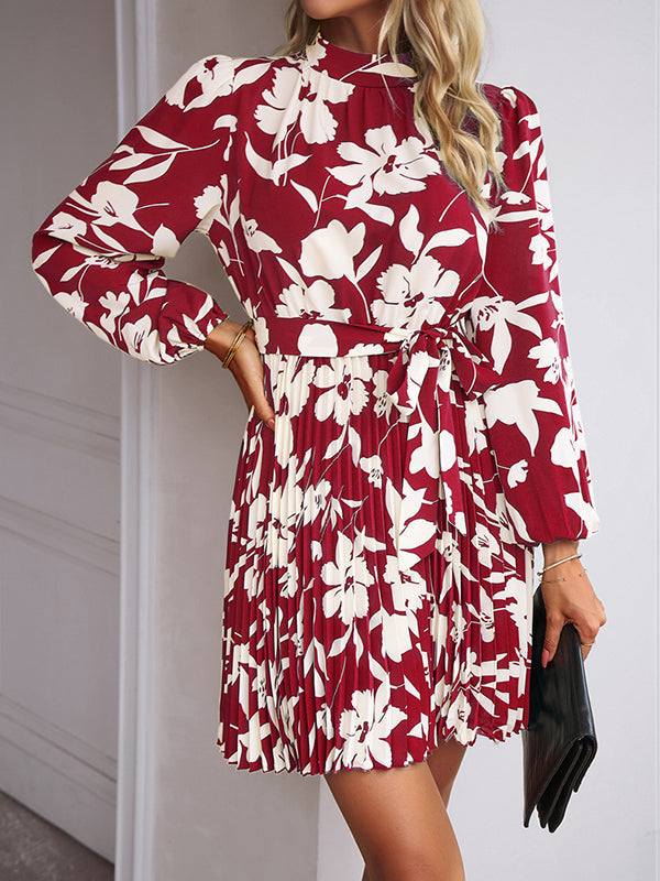High Waisted Long Sleeves Flower Print Pleated Tied Waist Mock Neck Mini Dresses