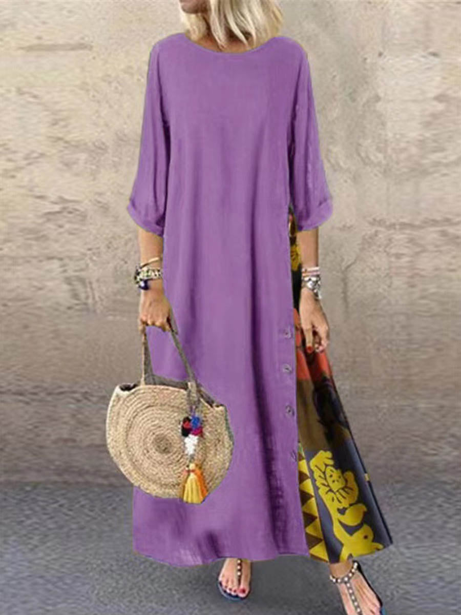 Loose Plus Size Buttoned Contrast Color Printed Round-Neck Midi Dresses