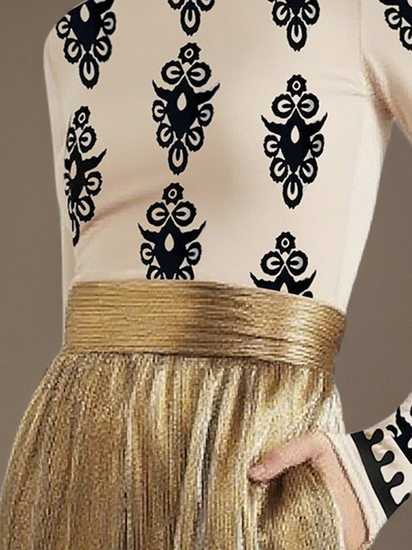 Long Sleeves Skinny Printed Split-Joint Round-Neck T-Shirts Tops