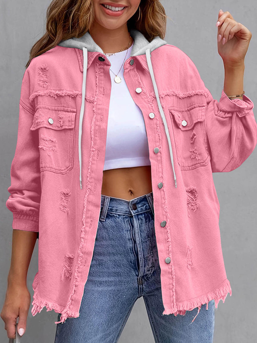 Split-Joint Pockets Fringed Buttoned Loose Long Sleeves Hooded Outerwear