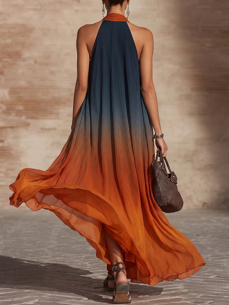 A-Line Loose Contrast Color Pleated Deep V-Neck Maxi Dresses