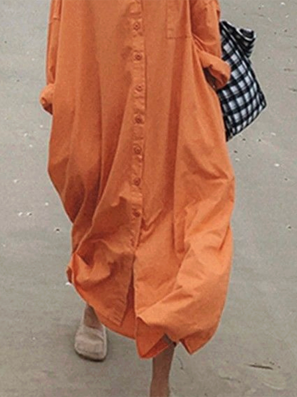 Long Sleeves Loose Buttoned Solid Color Lapel Maxi Dresses Shirt Dress