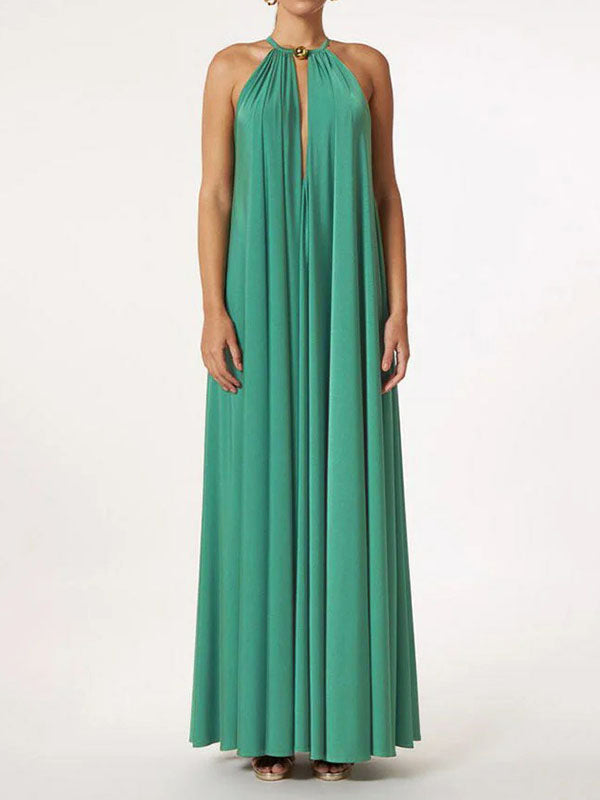 Sleeveless Solid Color Deep V-Neck Maxi Dresses
