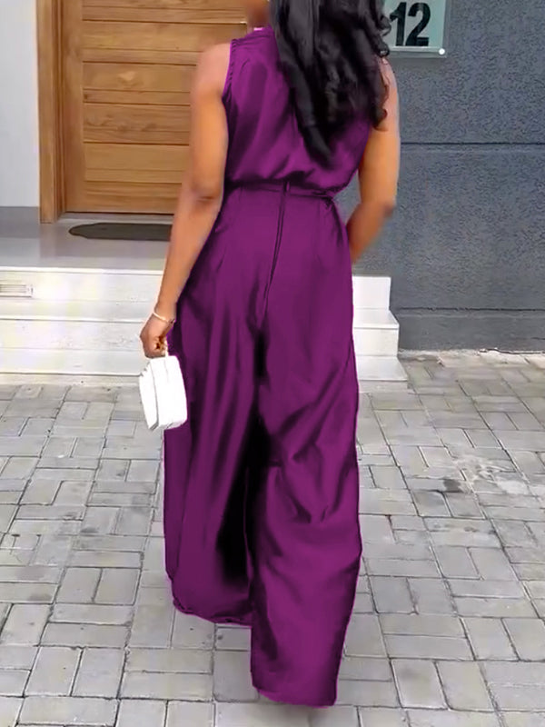 Loose Sleeveless Solid Color Deep V-Neck Jumpsuits