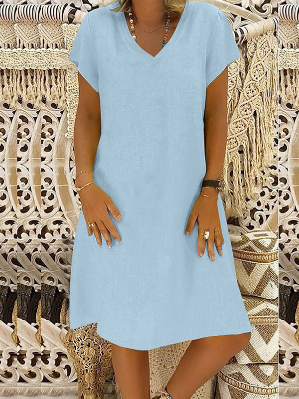 A-Line Loose Solid Color V-Neck Midi Dresses LIGHT BLUE