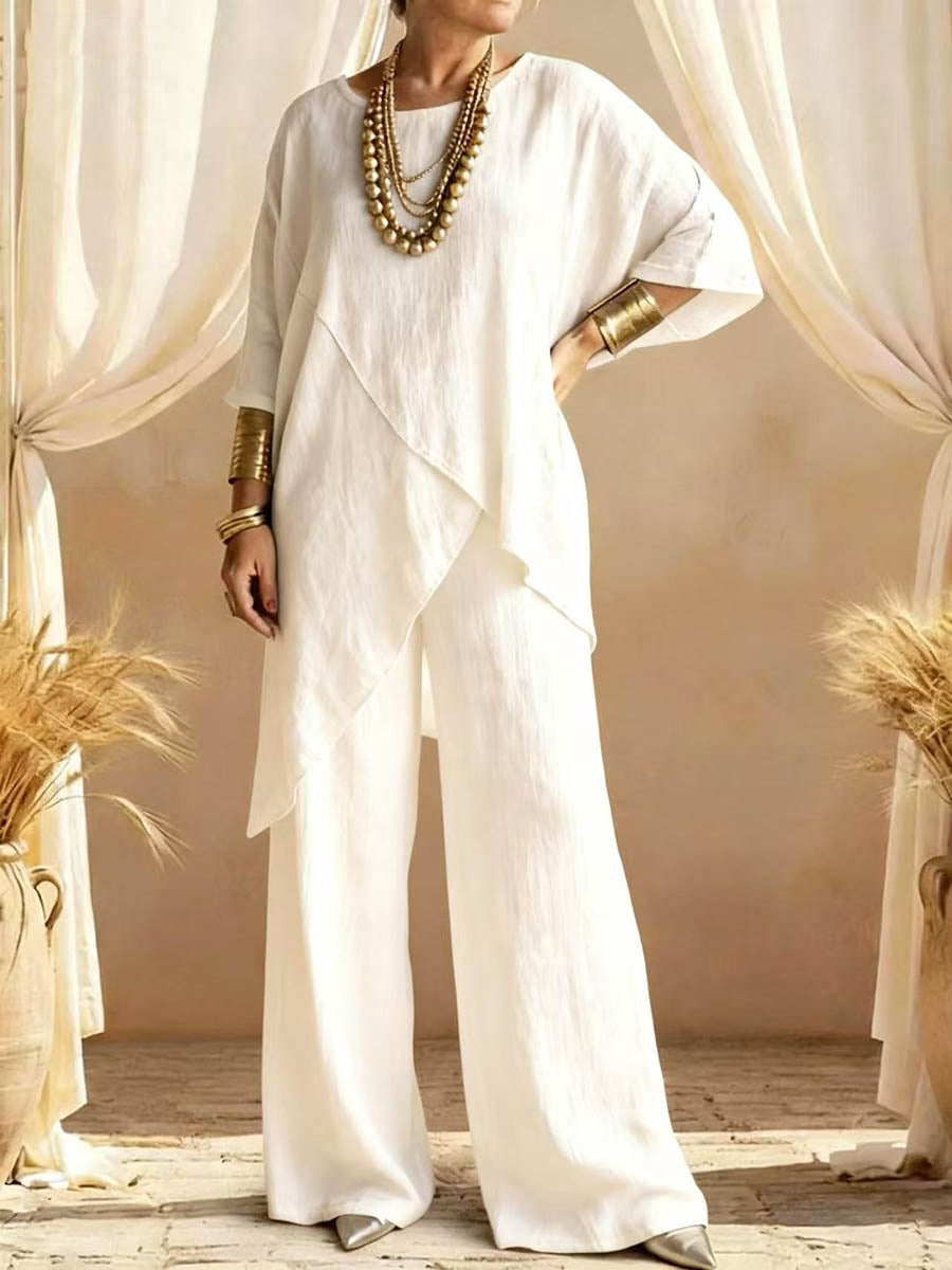 Loose Plus Size Asymmetric Solid Color Round-Neck Blouses&Shirts Tops + Pants Two Pieces Set