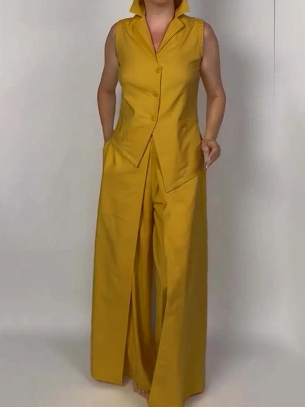 Sleeveless Buttoned Solid Color Lapel Vest Top