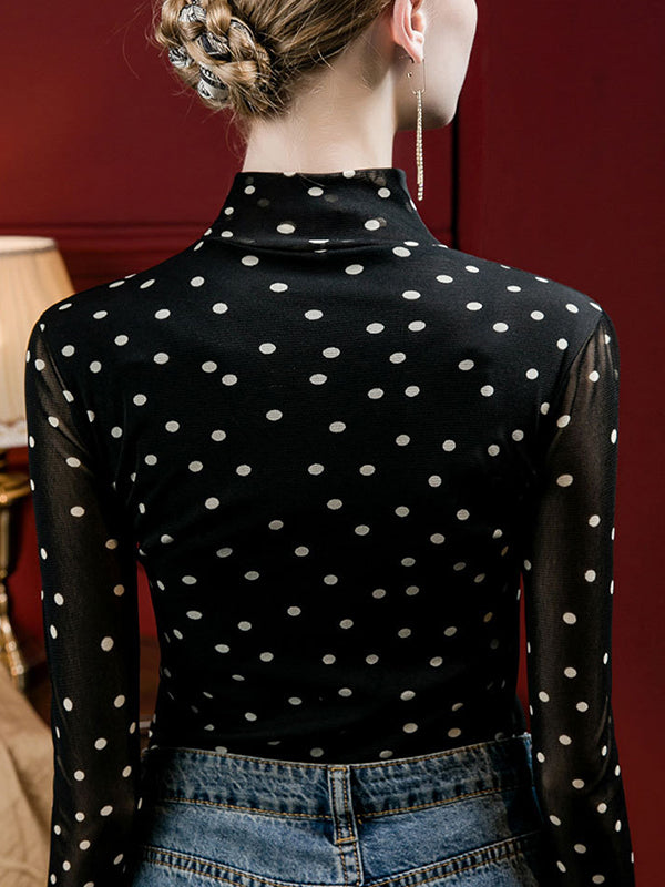 Long Sleeves Plus Size Polka-Dot Mock Neck T-Shirts Tops