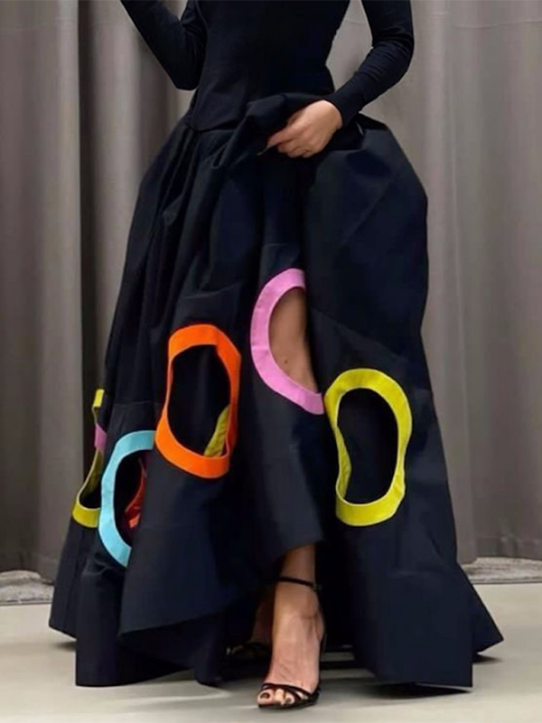 A-Linie Lange Ärmel Hohl Rundhals Maxikleider