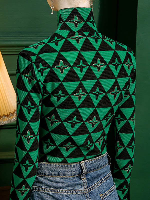 Long Sleeves Skinny Bronzing Contrast Color High Neck T-Shirts Tops