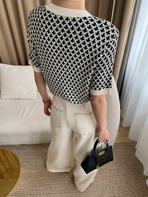 Half Sleeves Houndstooth Round-Neck Sweater Tops