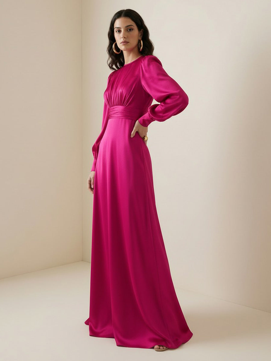 A-Line Elasticated Waist Pleated Solid Color Split-Joint Round-Neck Maxi Dresses