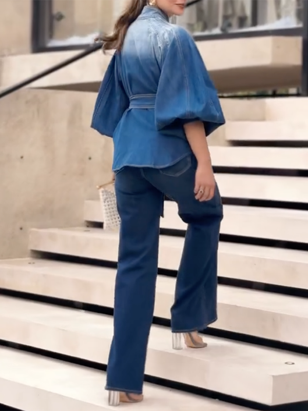 Half Sleeves Puff Sleeves Buttoned Gradient Tied Waist Stand Collar Blouses&Shirts Tops