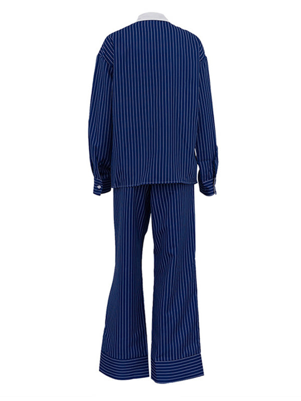 Lange Ärmel, lockere geknöpfte Taschen, geteiltes, gestreiftes Revers, Blusenoberteil + Hose, zweiteiliges Set