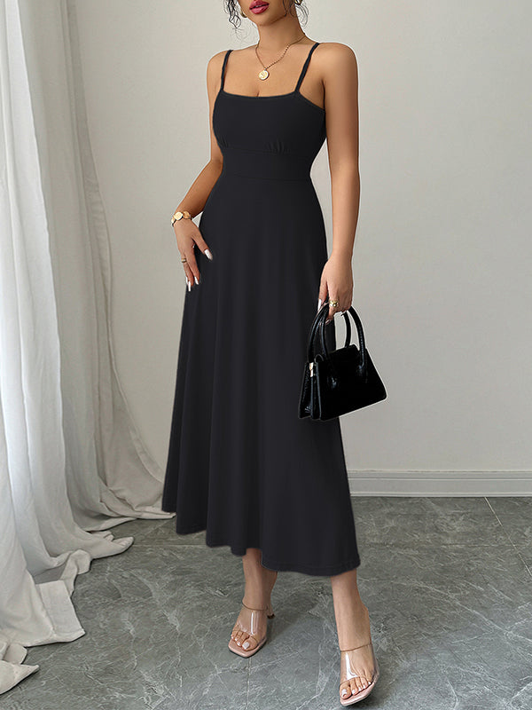 A-Line High Waisted Backless Pleated Solid Color Spaghetti-Neck Midi Dresses