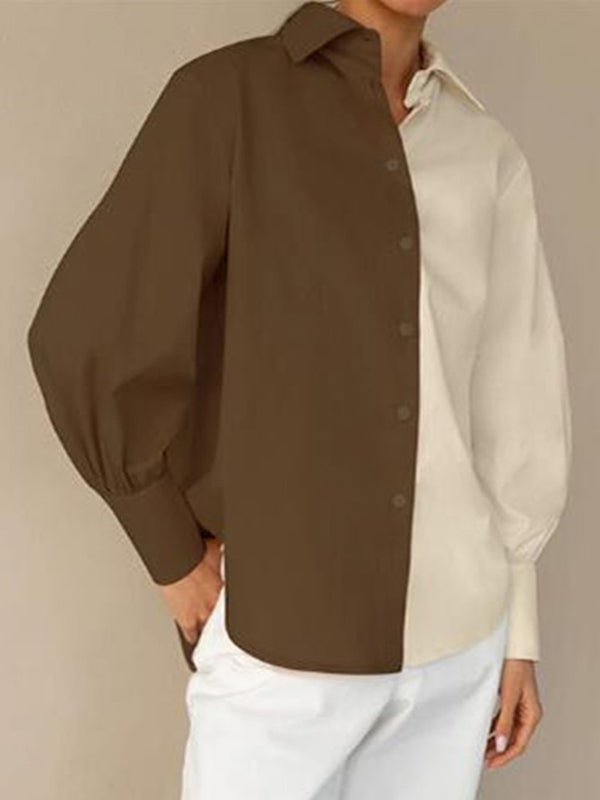 Long Sleeves Loose Buttoned Contrast Color Lapel Blouses&Shirts Tops BROWN