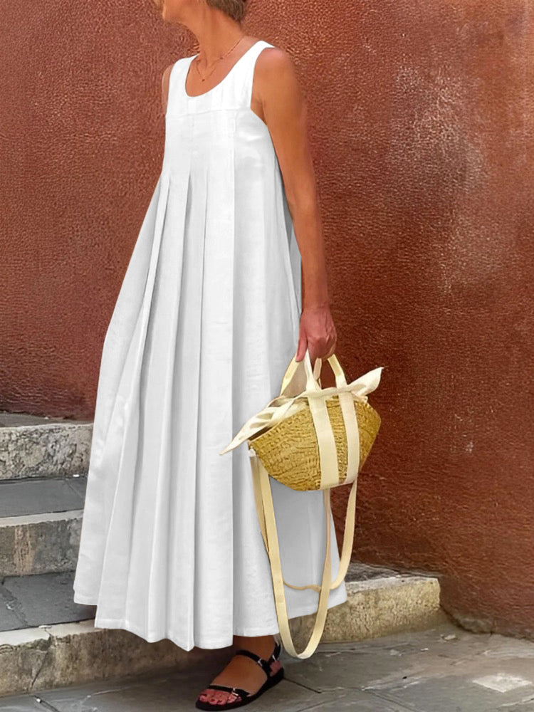 Robe longue ample sans manches plissée à col rond de couleur unie