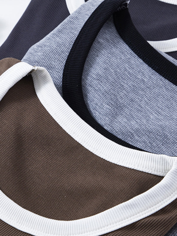 Kurzärmlige, schmale T-Shirts mit Rundhalsausschnitt in Kontrastfarbe